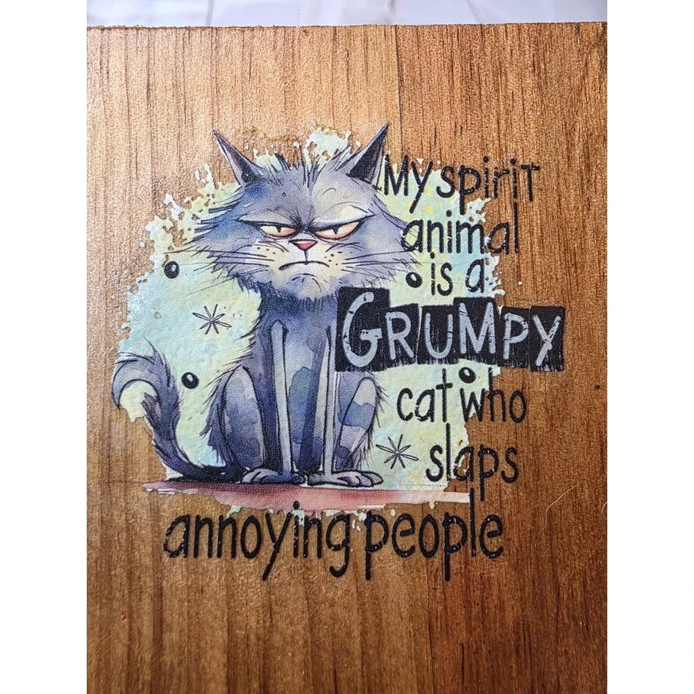 Grumpy Cat Wooden Coasters Set of 3 Snarky Humor Rustic Drink‎ Mats Brown F1